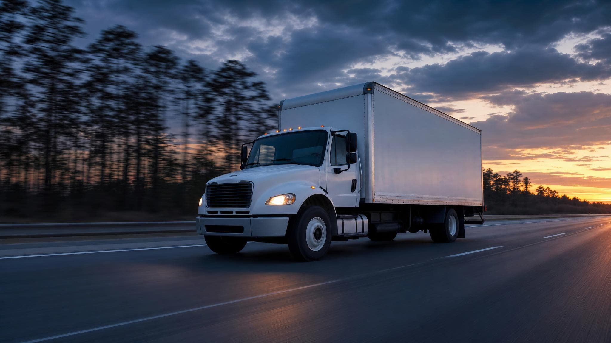 A white 26-foot box truck traveling a South Carolina interstate at dusk