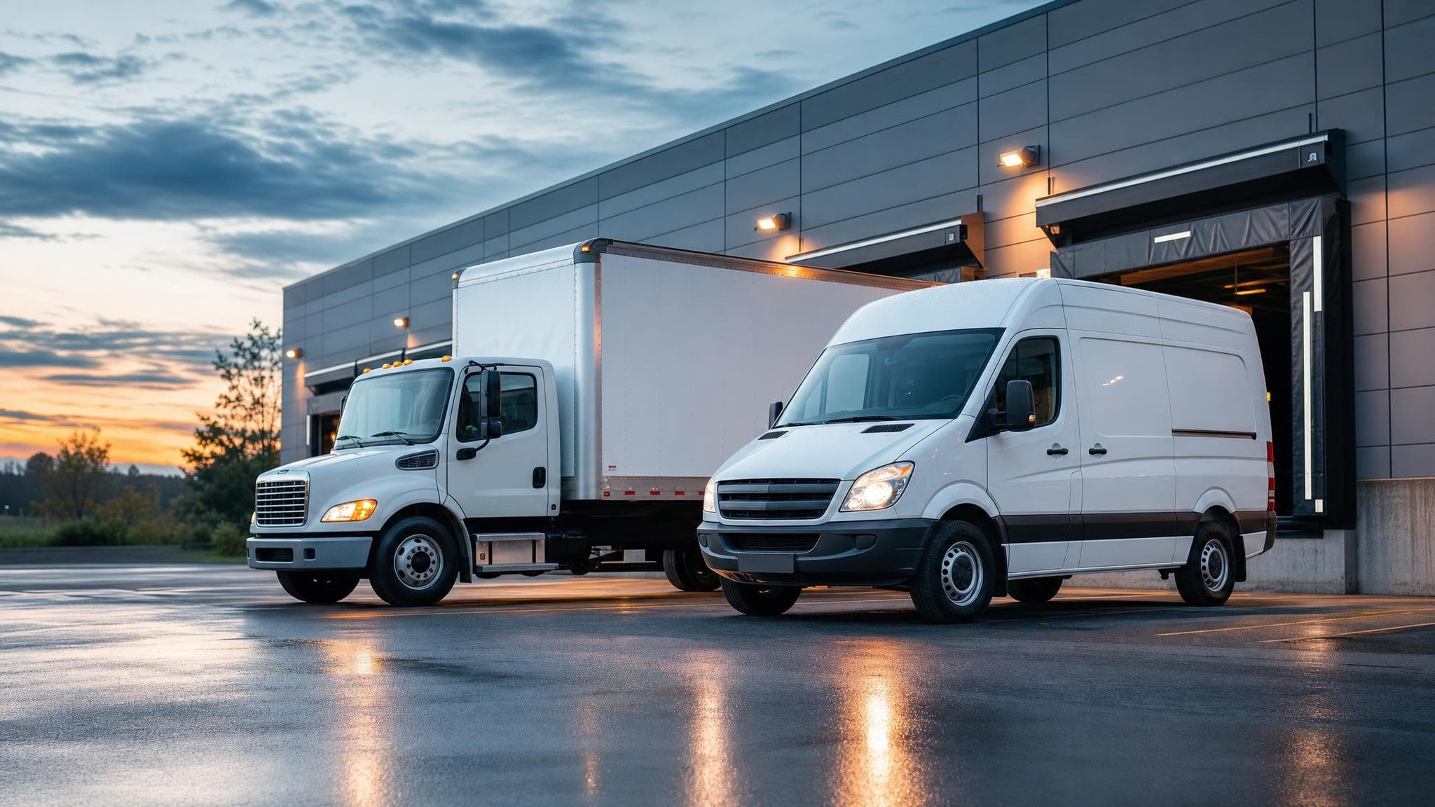 A Professional Express Couriers cargo van and 26-foot box truck ready at a Greenville, South Carolina loading dock at dusk