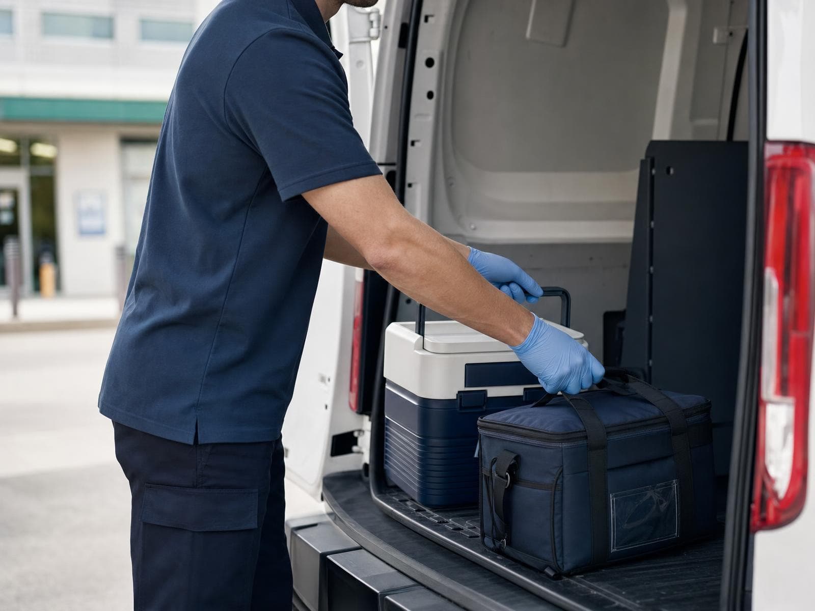 A Professional Express courier in a navy polo and gloves loading a medical specimen cooler and insulated lab bag into a delivery van outside a hospital